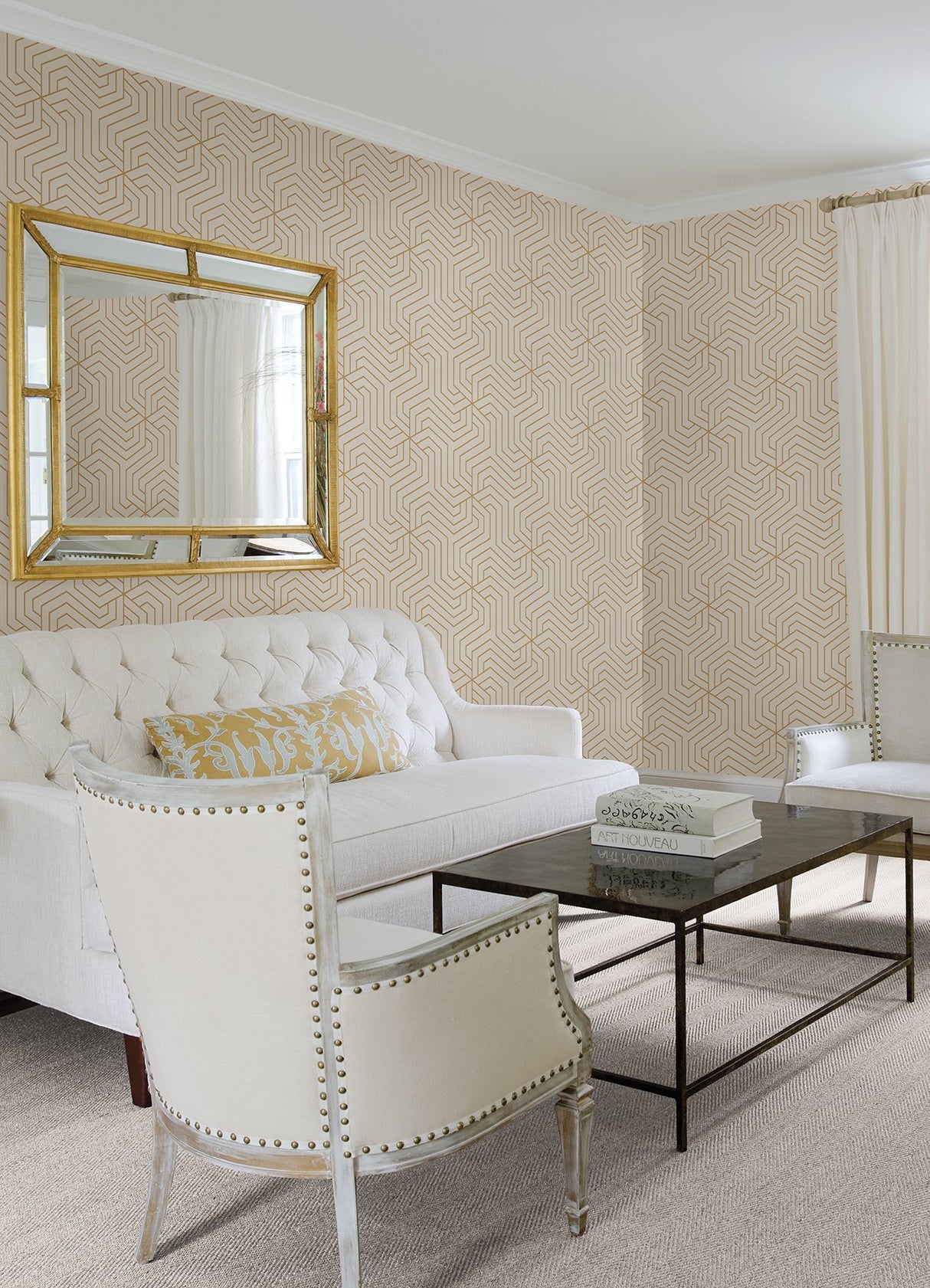Ramsey Cream Peel & Stick Wallpaper with Glam Geometric Art Deco Pattern - Rachel Zoe x NuWallpaper RZS4528
