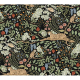 Rifle Paper Co. Safari Black Jungle Toile peel and stick wallpaper with animals and foliage on a black background, roll 27 in x 20 ft.