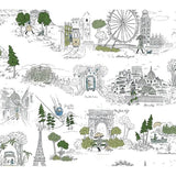 Rifle Paper Co. Travel Sketches Blue Globetrotter Premium Peel & Stick Wallpaper roll and pattern