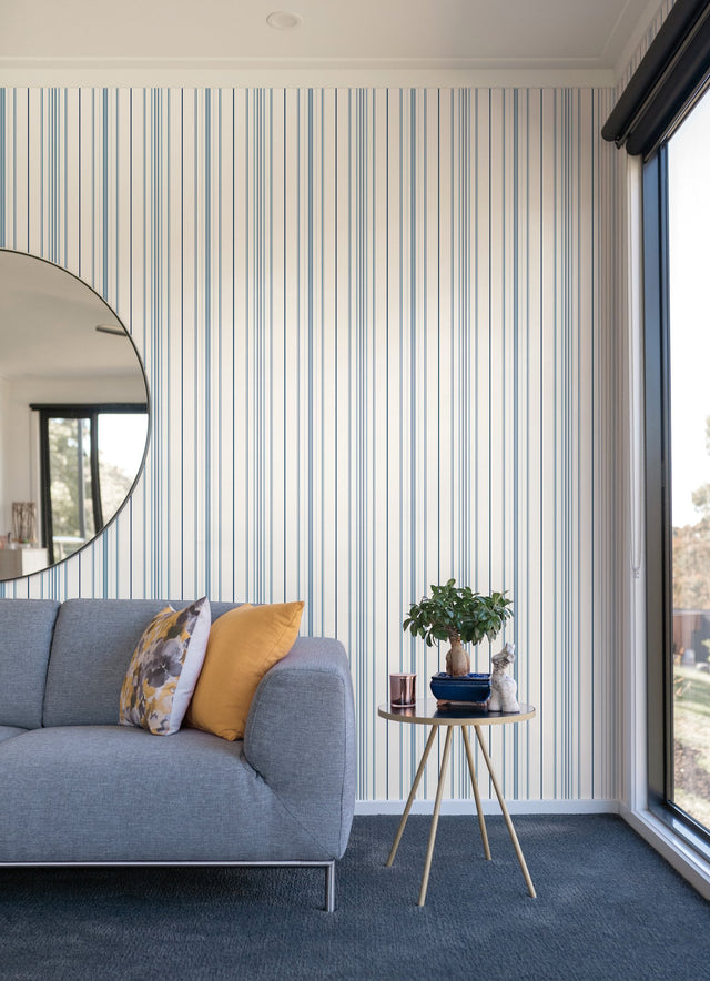 Wide Pinstripe White & Blue Wallpaper with Variegated Vertical Stripe Pattern - York SA9111