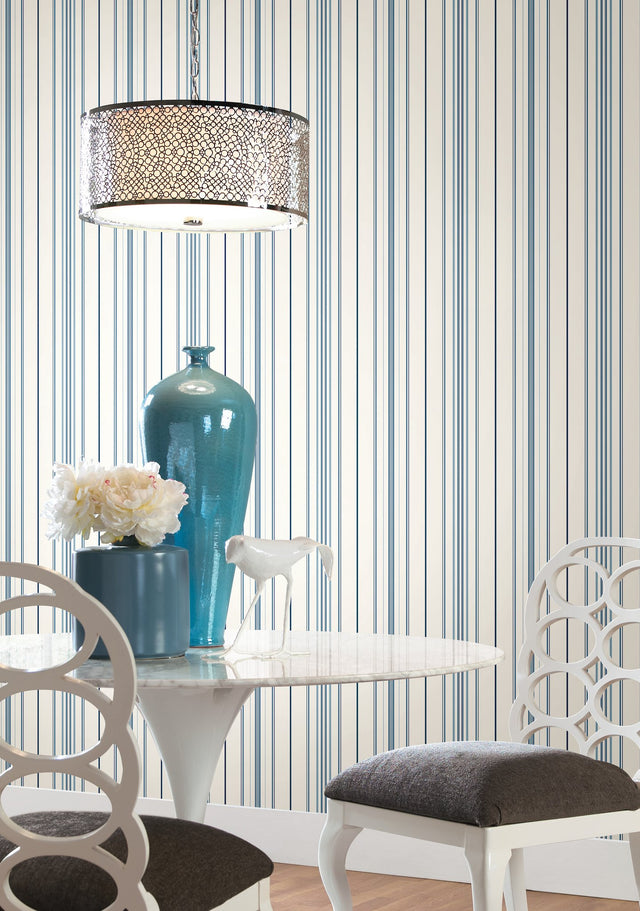 Wide Pinstripe White & Blue Wallpaper with Variegated Vertical Stripe Pattern - York SA9111