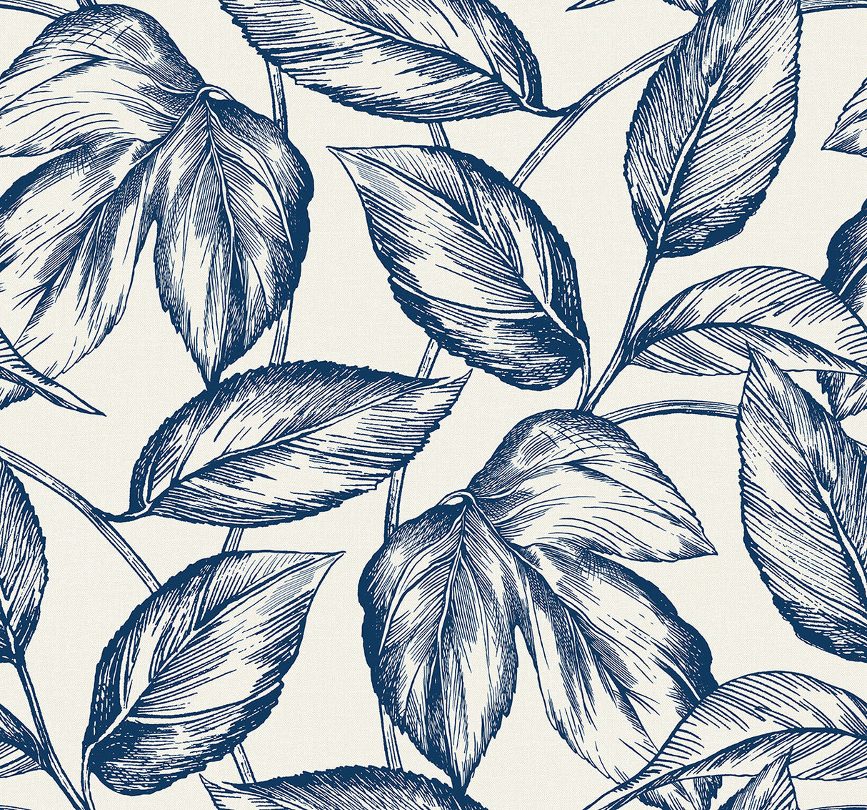 Blue and white sketched leaf botanical wallpaper pattern (Beckett Sketched Leaves, Blueberry Hill)