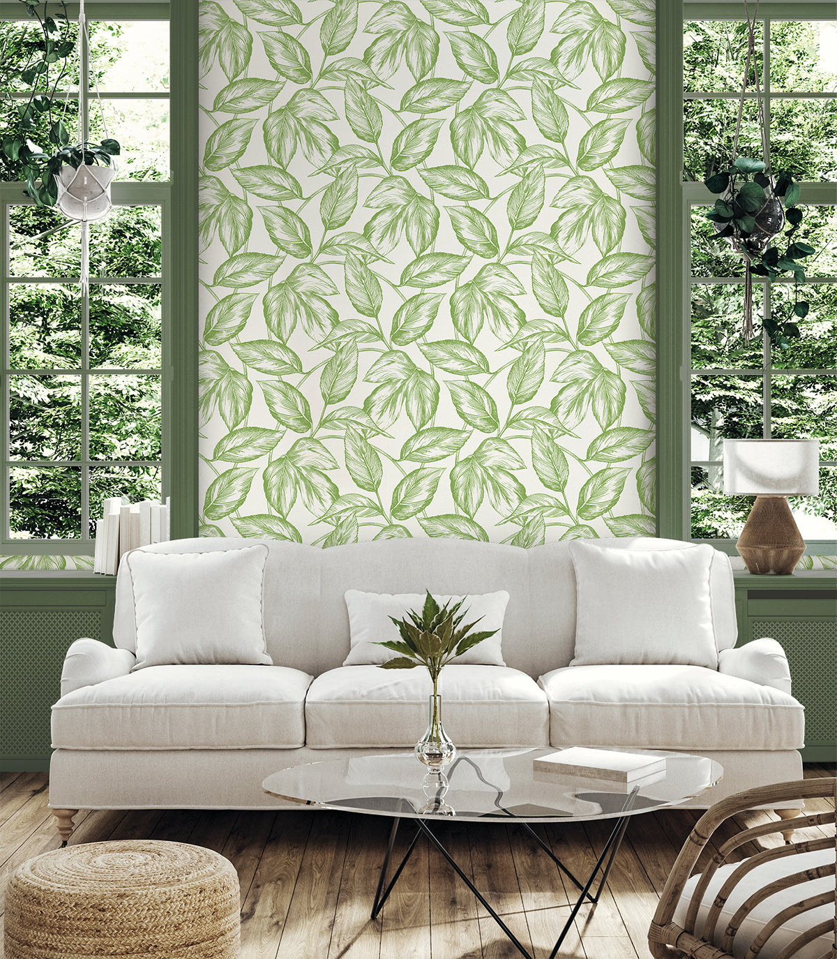 Beckett Sketched Leaves Apple Green by Summer House Botanical Wallpaper – Seabrook Designs SC20004