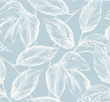 Beckett Sketched Leaves wallpaper in baby blue with white sketched leaf branches, matte finish