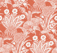 Suvi Palm Grove wallpaper in Coral Glow with white tropical palm and floral linework on a coral-orange ground.