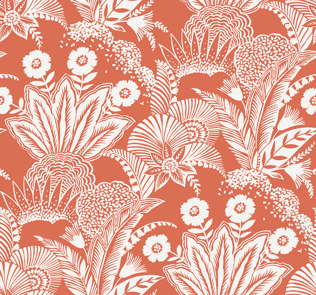Suvi Palm Grove wallpaper in Coral Glow with white tropical palm and floral linework on a coral-orange ground.