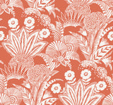 Suvi Palm Grove wallpaper in Coral Glow with white tropical palm and floral linework on a coral-orange ground.