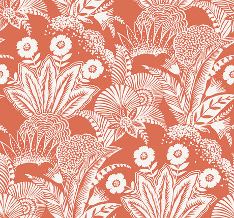 Suvi Palm Grove wallpaper in Coral Glow with white tropical palm and floral linework on a coral-orange ground.