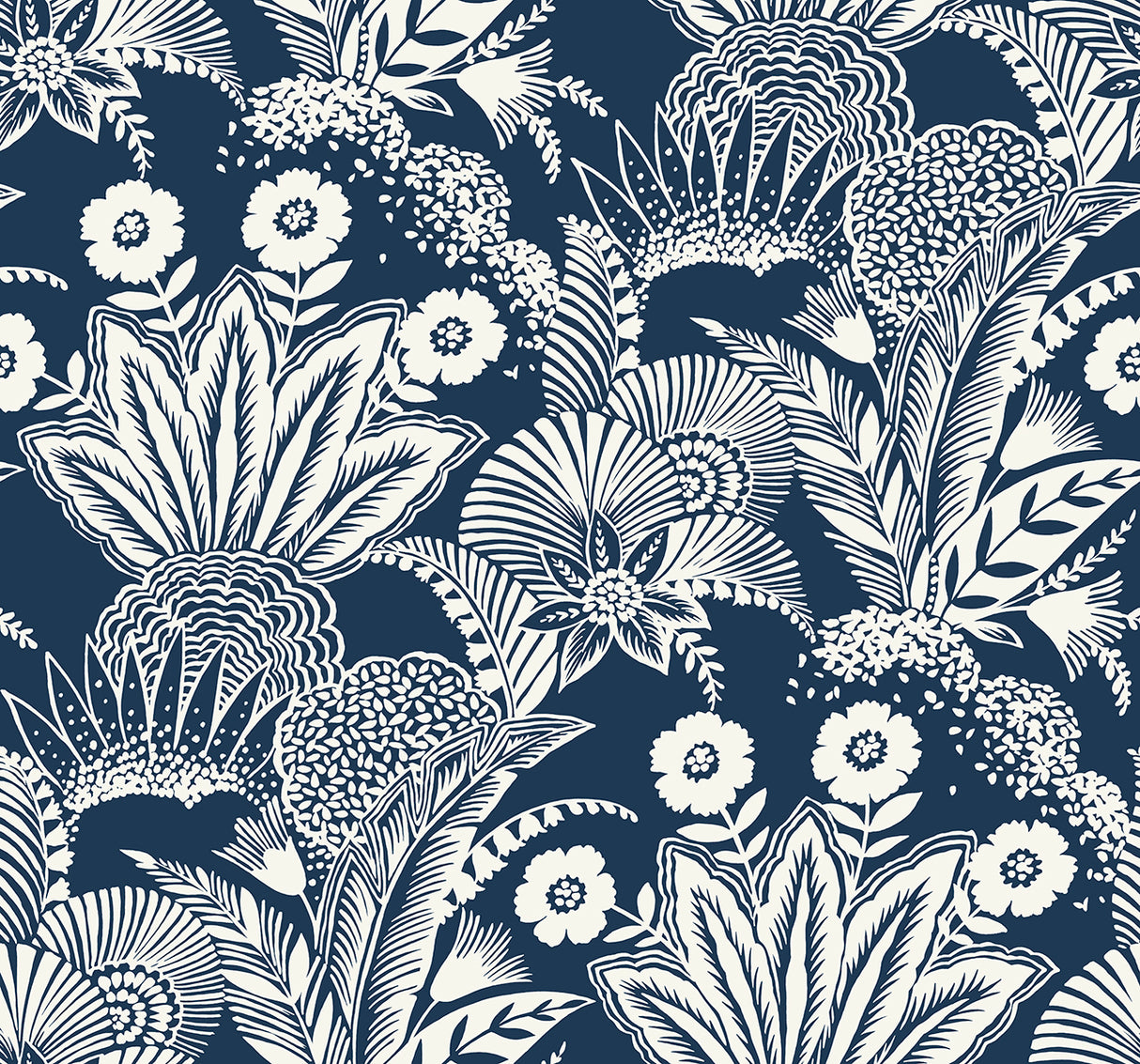 Suvi Palm Grove wallpaper in Nautical Blue botanical palm and floral pattern
