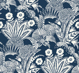 Suvi Palm Grove wallpaper in Nautical Blue botanical palm and floral pattern