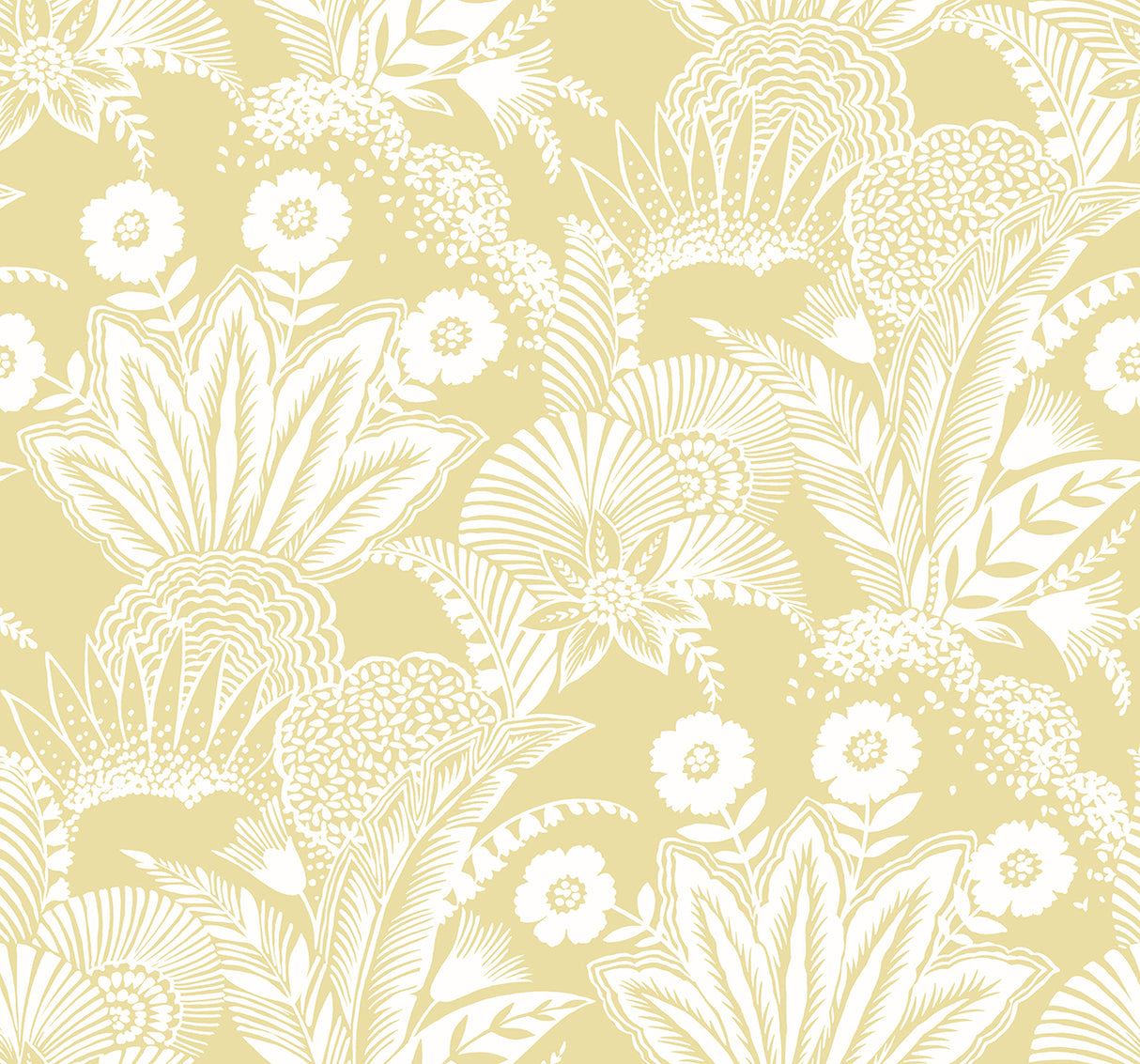 Suvi Palm Grove botanical wallpaper in Butter colorway (yellow and white floral/palm grove pattern).