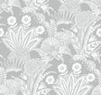 Suvi Palm Grove bluish gray botanical wallpaper with white palm and floral silhouettes