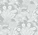 Suvi Palm Grove bluish gray botanical wallpaper with white palm and floral silhouettes