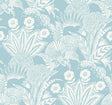 Suvi Palm Grove botanical wallpaper in sky blue with white palm and floral linework.