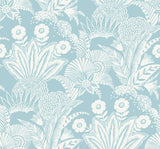 Suvi Palm Grove botanical wallpaper in sky blue with white palm and floral linework.