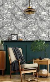 Tarra Monstera Leaf Black & White by Summer House Tropical Botanical Wallpaper – Seabrook Designs SC20200