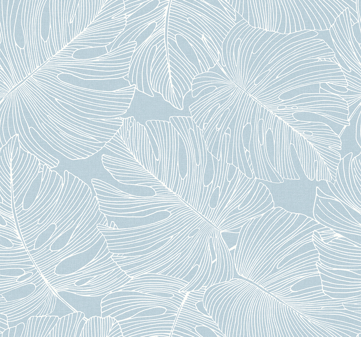 Light blue botanical wallpaper with white monstera leaf outlines