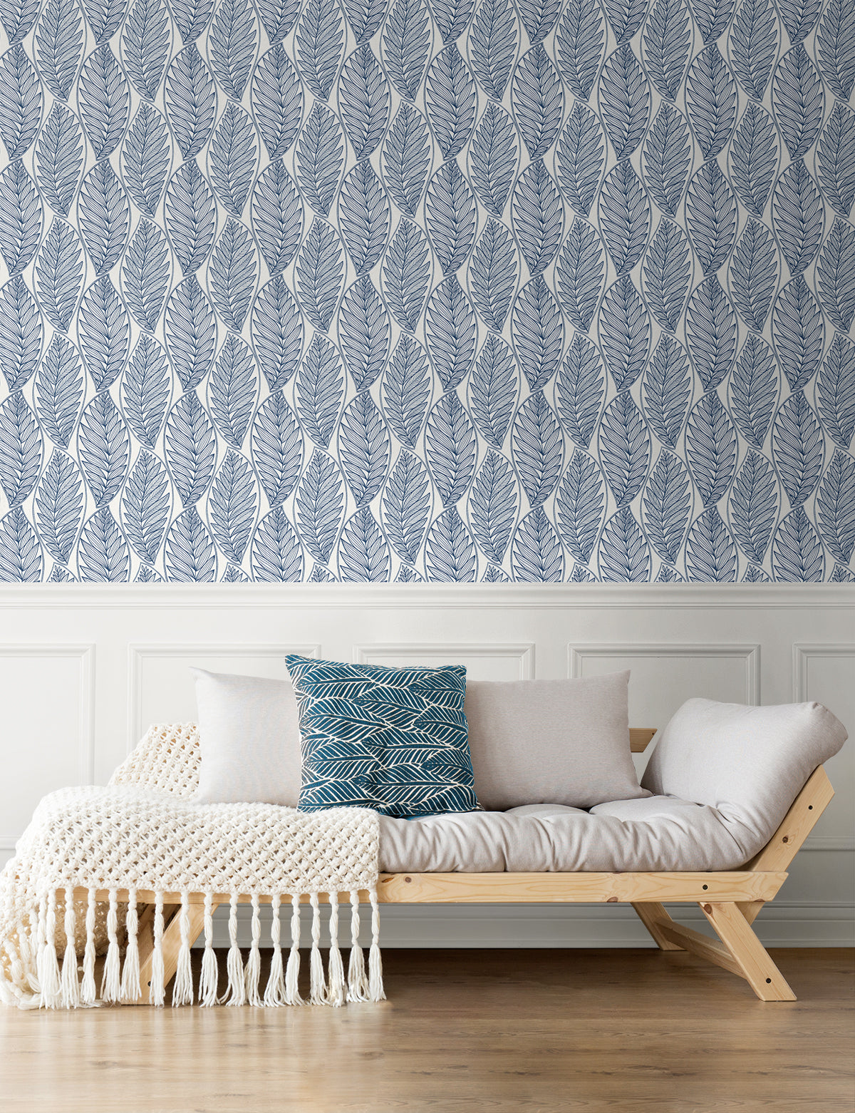 Kira Leaf Husk Blue Suede by Summer House Botanical Leaf Wallpaper – Seabrook Designs SC20302