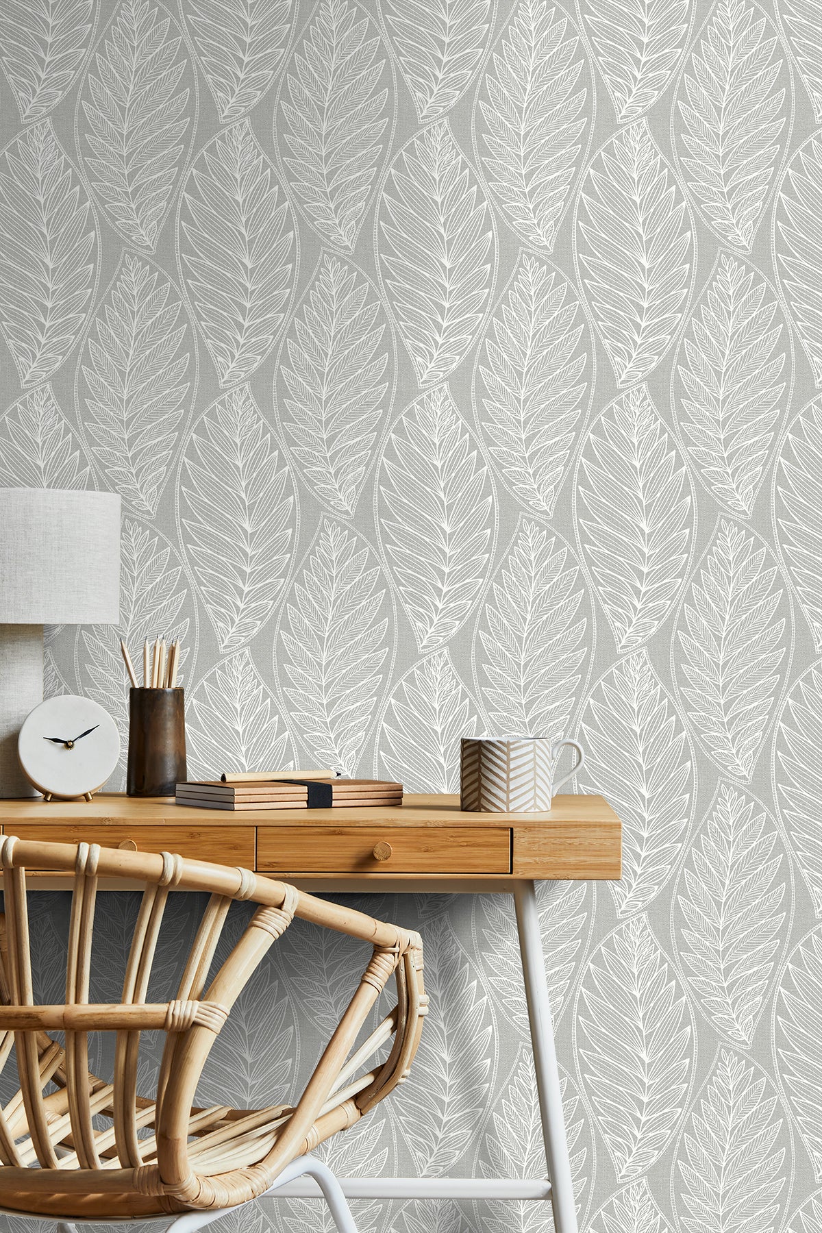 Kira Leaf Husk Harbor Grey by Summer House Botanical Leaf Wallpaper – Seabrook Designs SC20308
