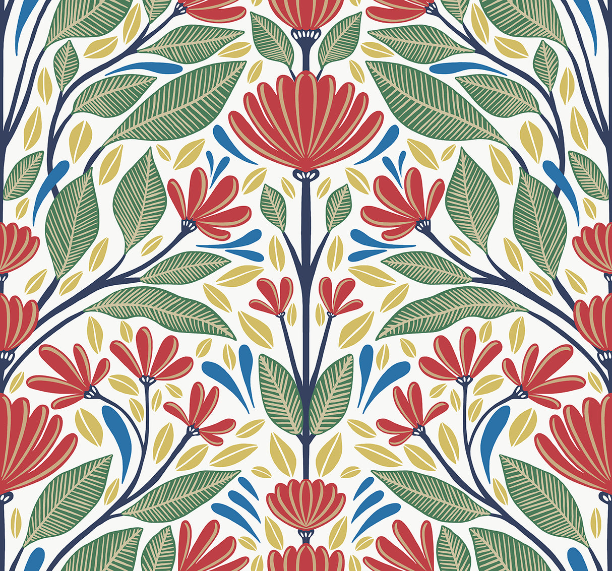Carmela Folk Floral wallpaper with red folk flowers and green leaves on a light background
