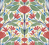 Carmela Folk Floral wallpaper with red folk flowers and green leaves on a light background