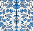 Carmela Folk Floral wallpaper pattern in True Blue with stylized blue flowers and leafy vines on a light background