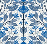Carmela Folk Floral wallpaper pattern in True Blue with stylized blue flowers and leafy vines on a light background