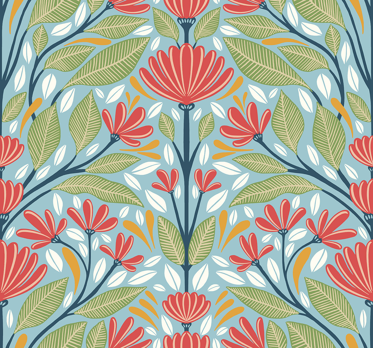 Carmela Folk Floral wallpaper pattern in the Summer Garden colorway