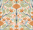 Carmela Folk Floral wallpaper in Summer Ends colorway with stylized orange flowers and green leaves on a light background.