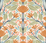 Carmela Folk Floral wallpaper in Summer Ends colorway with stylized orange flowers and green leaves on a light background.