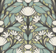 Carmela Folk Floral wallpaper in Spirit Grey with stylized white flowers and teal and green leaves on a grey ground