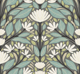 Carmela Folk Floral wallpaper in Spirit Grey with stylized white flowers and teal and green leaves on a grey ground