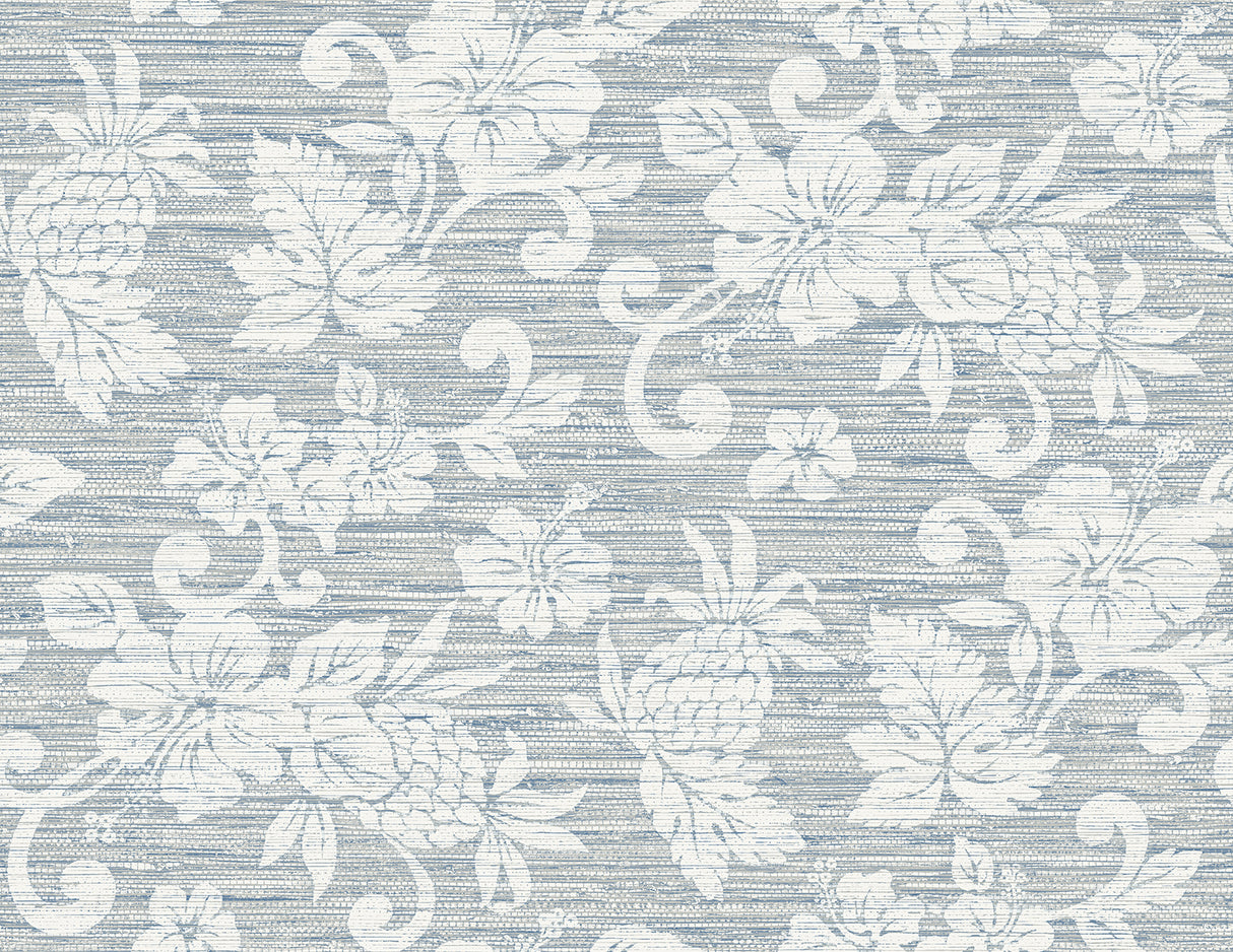 Juno Island Floral wallpaper in Fantasy Blue with coastal floral silhouette on a textured horizontal ground