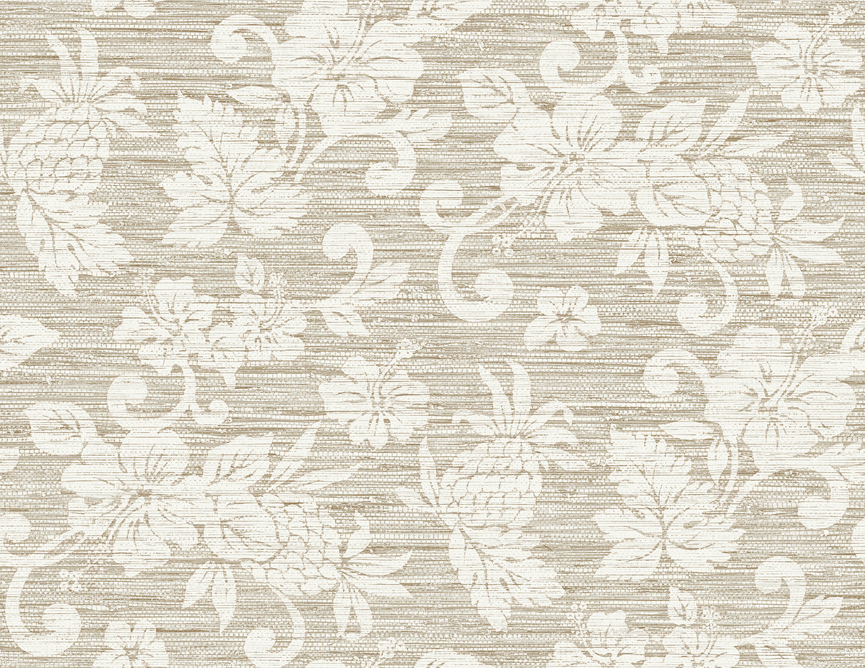 Balanced beige coastal floral wallpaper with matte finish
