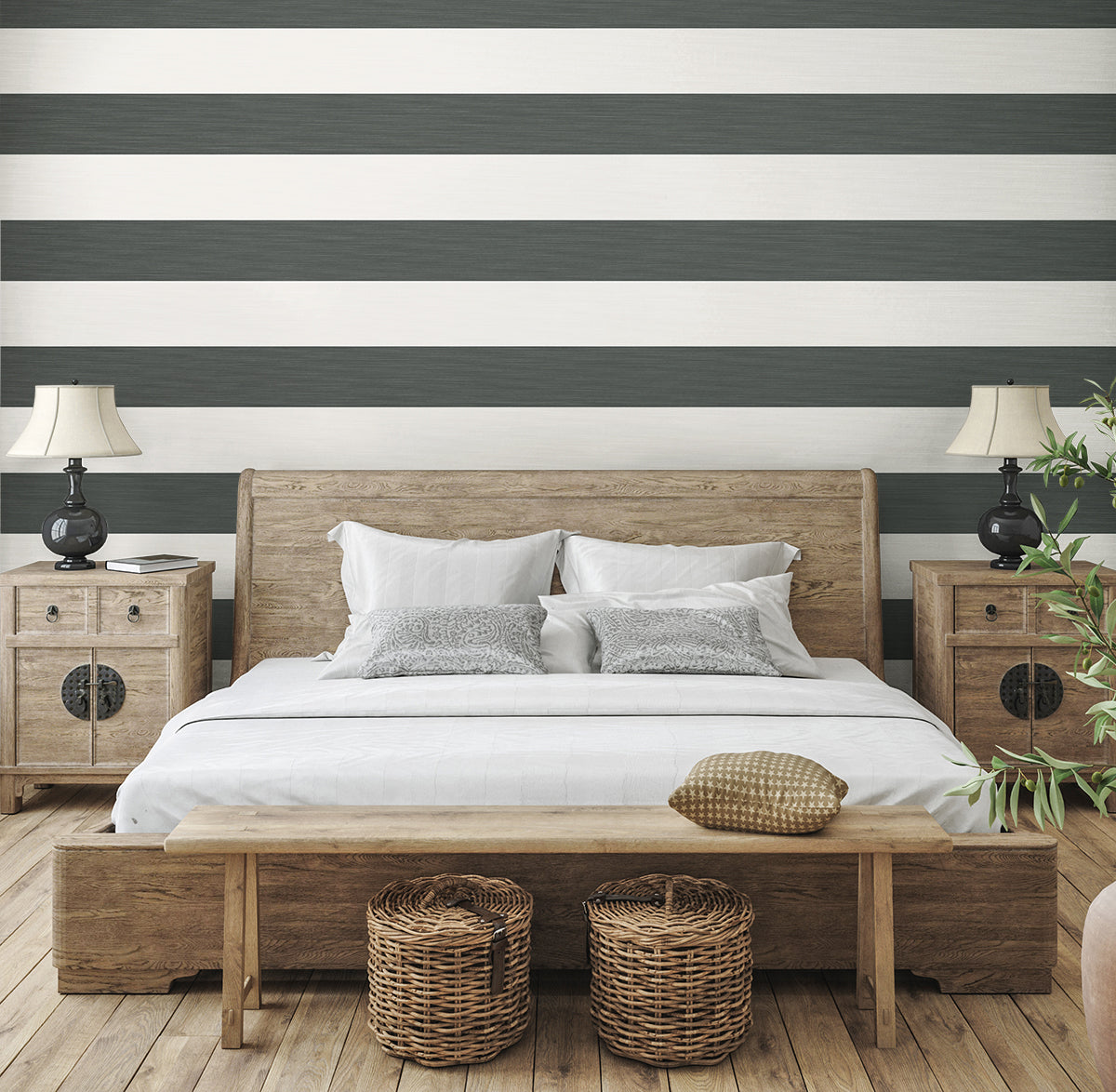 Dylan Deep Grey by Summer House Striped Stringcloth Wallpaper – Seabrook Designs SC21008