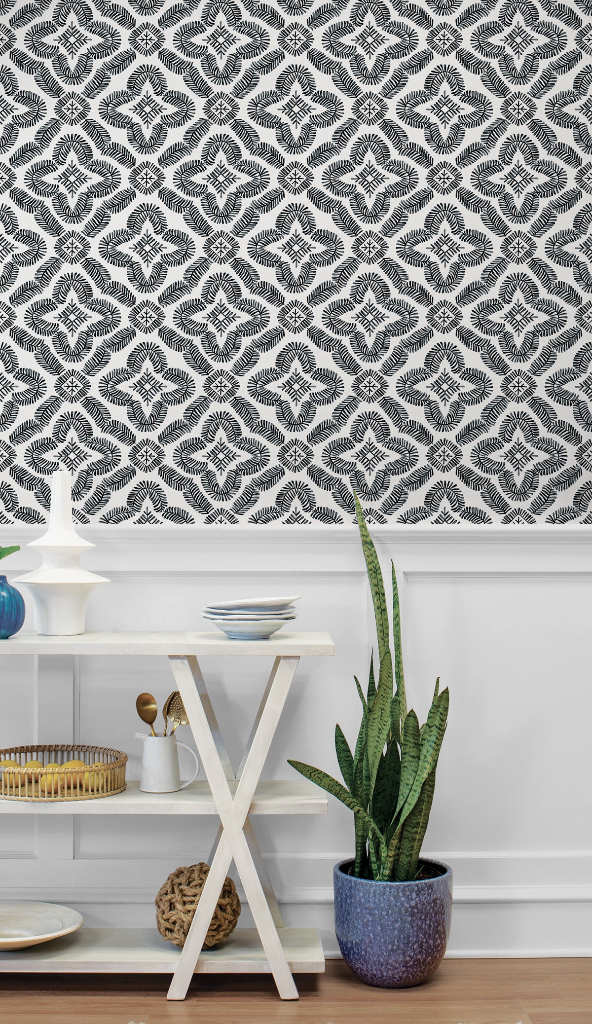 Talia Botanical Medallion Black and White by Summer House Geometric Wallpaper – Seabrook Designs SC21300