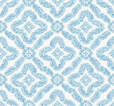 Blue geometric botanical medallion wallpaper pattern on an off-white ground