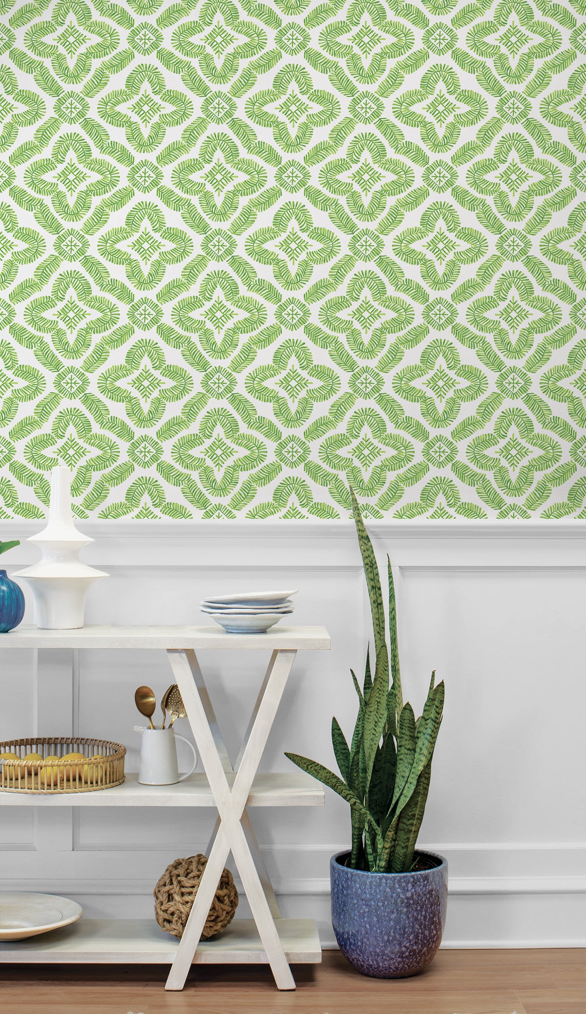 Talia Botanical Medallion Kiwi Green by Summer House Geometric Botanical Wallpaper – Seabrook Designs SC21304