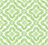 Green botanical medallion geometric wallpaper pattern on white background