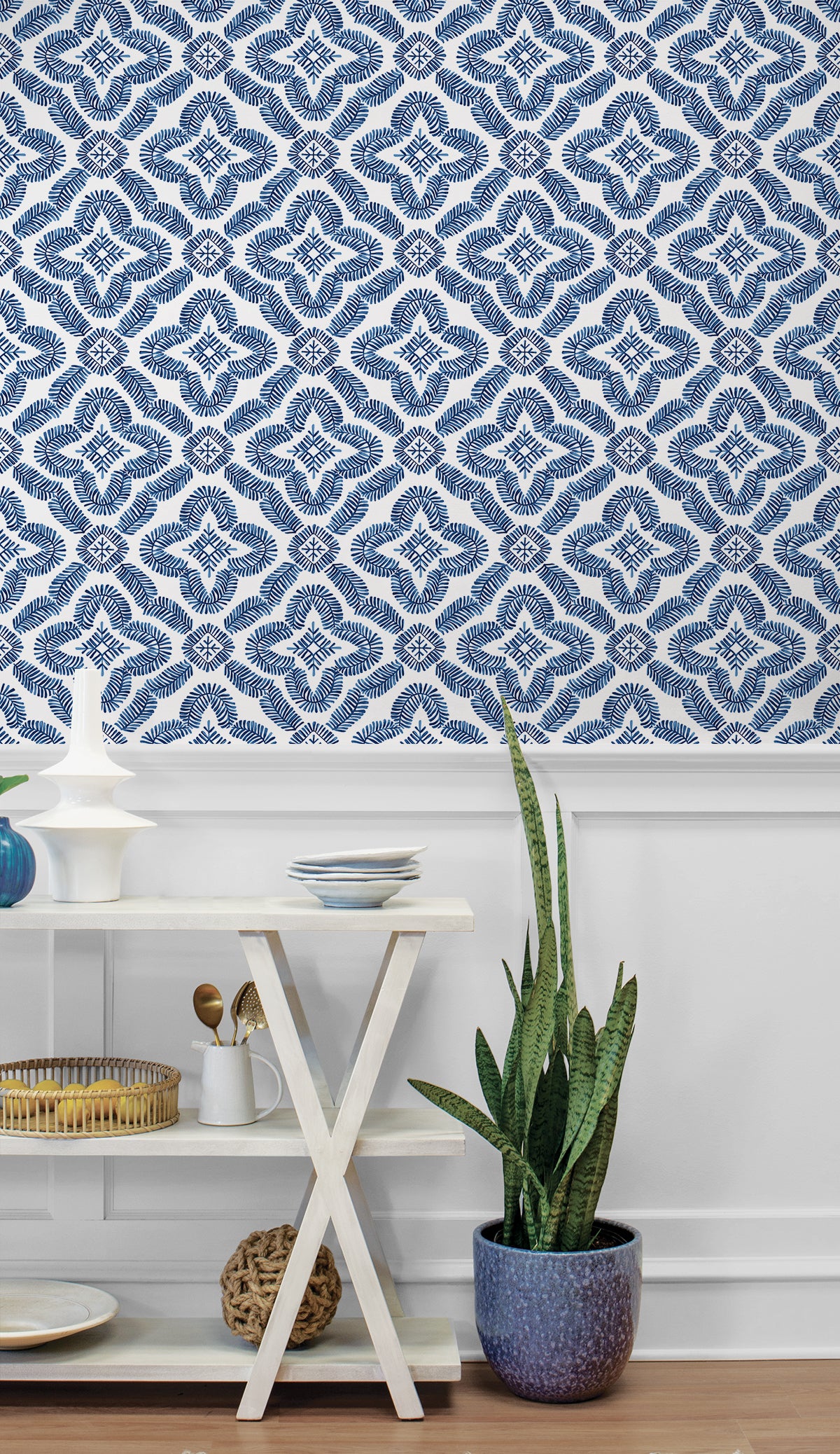 Talia Botanical Medallion Cottage Blue by Summer House Geometric Medallion Wallpaper – Seabrook Designs SC21312