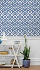 Talia Botanical Medallion Cottage Blue by Summer House Geometric Medallion Wallpaper – Seabrook Designs SC21312
