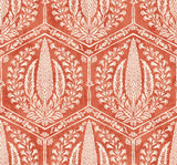 Cyrus Harvest wallpaper in red terracotta with white botanical medallions inside a hexagon trellis pattern