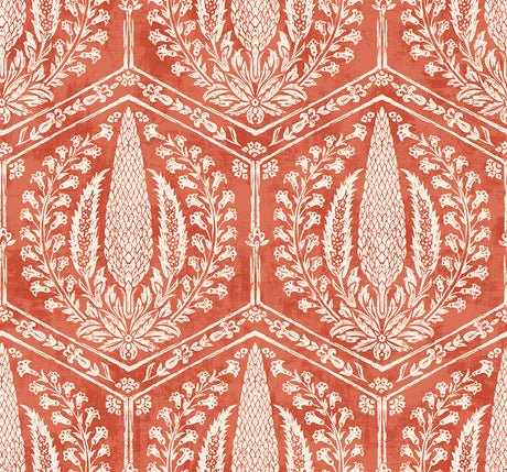 Cyrus Harvest wallpaper in red terracotta with white botanical medallions inside a hexagon trellis pattern