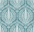 Cyrus Harvest wallpaper in Mediterranean Blue with a white botanical motif inside a hexagon trellis pattern