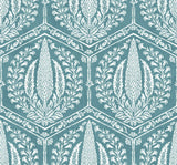 Cyrus Harvest wallpaper in Mediterranean Blue with a white botanical motif inside a hexagon trellis pattern
