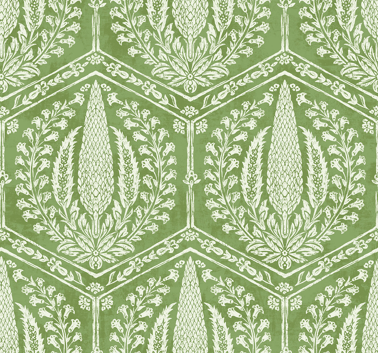 Cyrus Harvest Courtyard Green botanical geometric wallpaper with white botanical motifs in a repeating hexagon layout.