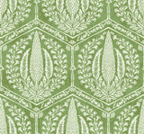 Cyrus Harvest Courtyard Green botanical geometric wallpaper with white botanical motifs in a repeating hexagon layout.