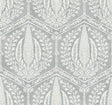 Cyrus Harvest wallpaper in Horizon Grey with white botanical medallions inside a geometric trellis.
