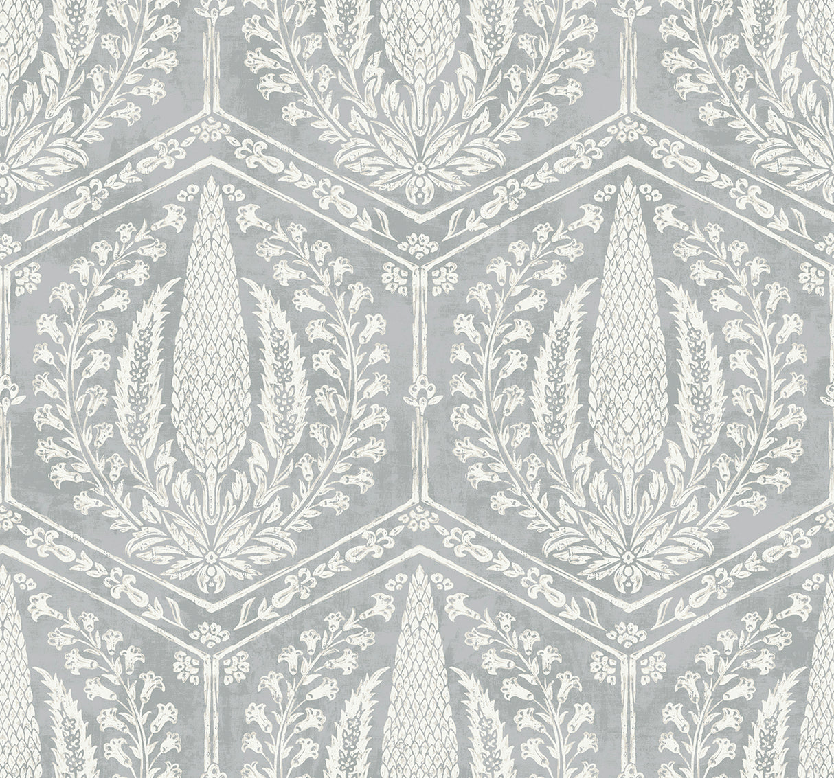 Cyrus Harvest wallpaper in Horizon Grey with white botanical medallions inside a geometric trellis.