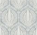Cyrus Harvest wallpaper in Horizon Grey with white botanical medallions inside a geometric trellis.